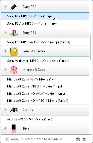 Select output formats in Free Sony Video Converter