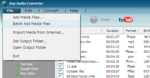 Batch adding files, extraxt audio from video, YouTube to MP3, Google Video to MP3