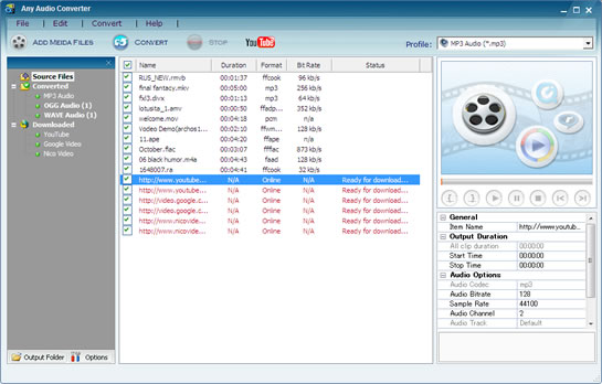 Add audio, video and online video files to Any Audio Converter, convert M4A to MP3, APE to MP3, AVI to MP3