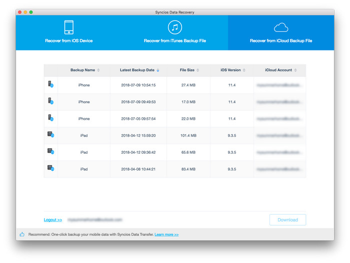 sign in to recover from iCloud backup file