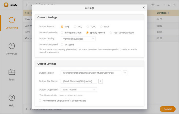 Add Spotify songs/playlist/album and set output format