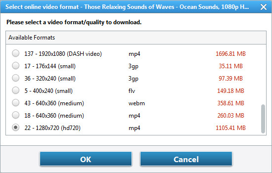 Choose Video Format for downloaded formats